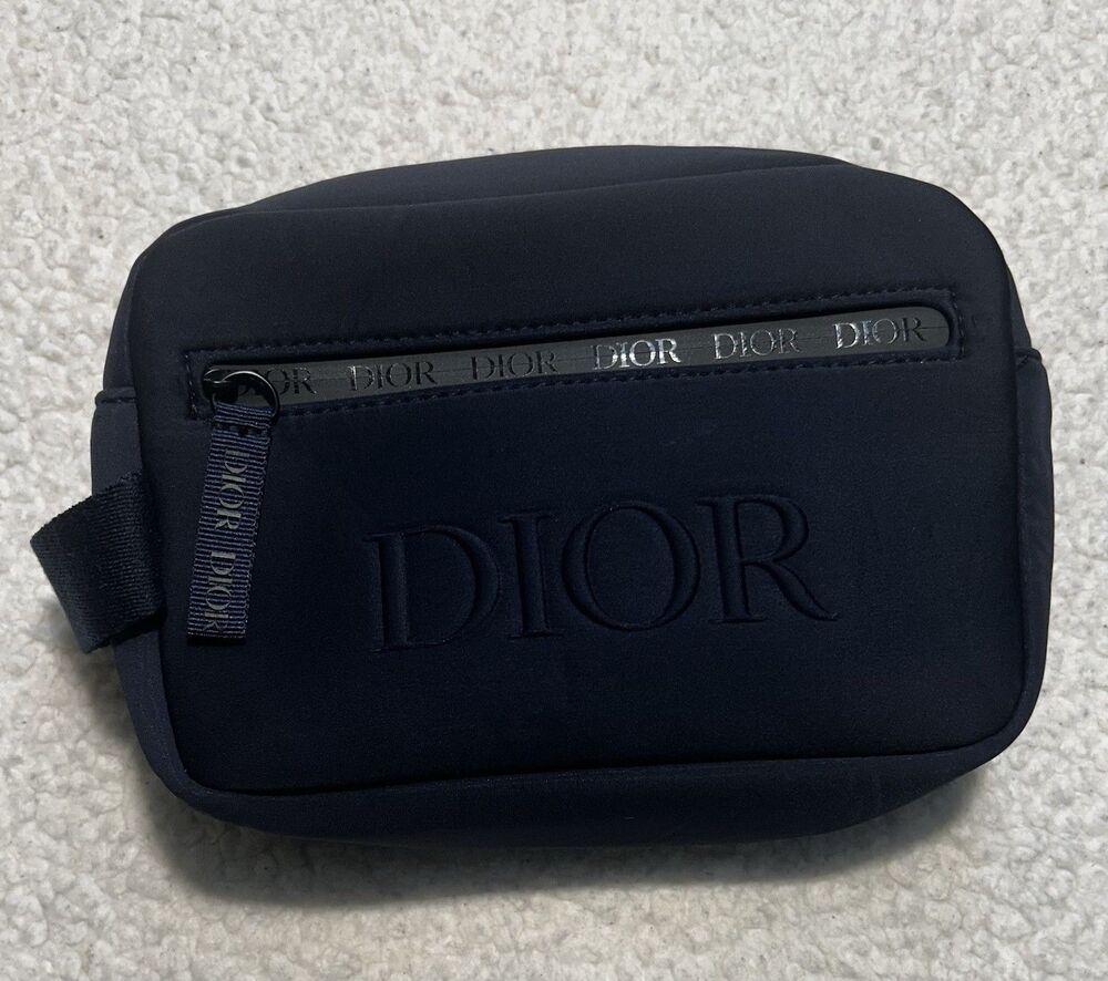 Dior Beauty Black Nylon Cosmetic Bag Pouch Embossed Logo Silver Accent Bee